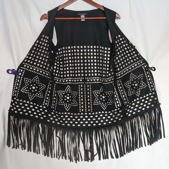 Boho long fringe vest with laser cuts black one size EUC Renato Balestra - Picture 2 of 9
